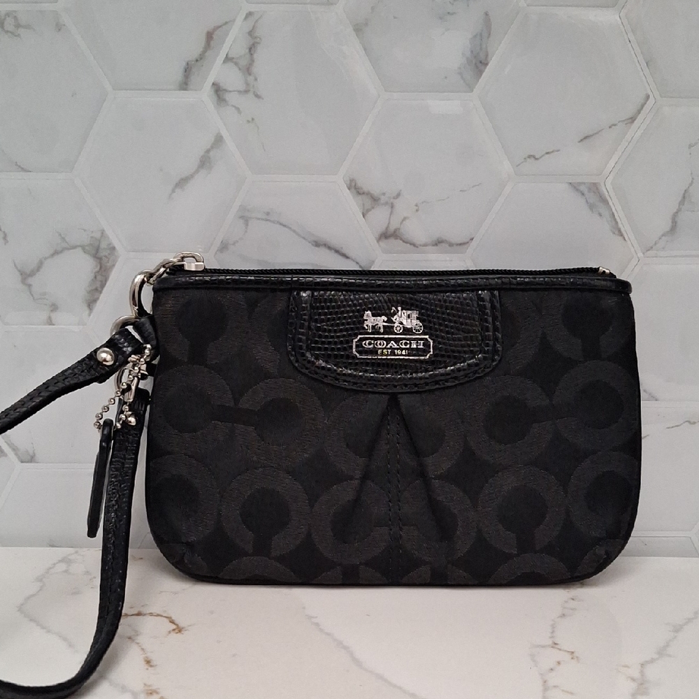 Coach Black Patent Leather And OP Art Signature Wristlet Bag